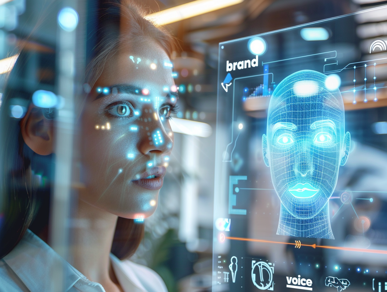 AI 小編鏡像品牌主語氣的概念:辦公室場景中,AI 於螢幕裡同步呈現品牌聲音與表達風格