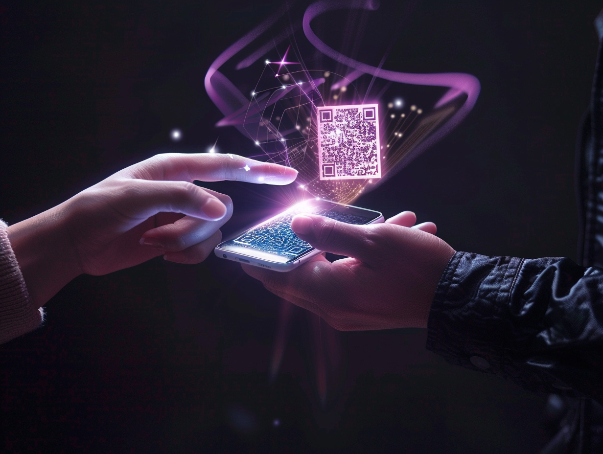 手握手機展示數位票券QR Code，另一隻手正在掃描，象徵虛實整合的成交追蹤閉環。
